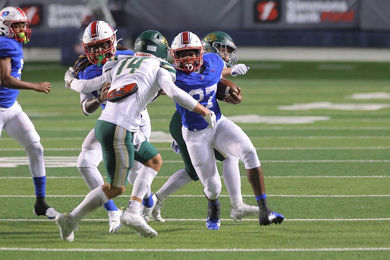 Parkview's Cameron Settles (27) finds a break in defenders during their game Thursday Nov. 9, 2023 in Little Rock. .More photos at arkansasonline.com/1110parkview/..Stephen B. Thornton/Special to the Arkansas Democrat-Gazette.