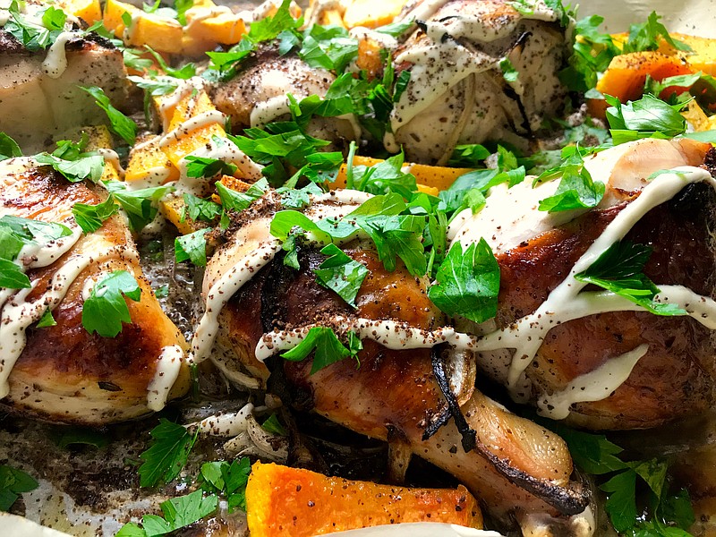 Sumac Chicken With Butternut Squash, Red Onion and Tahini-Yogurt Sauce (Arkansas Democrat-Gazette/Kelly Brant)