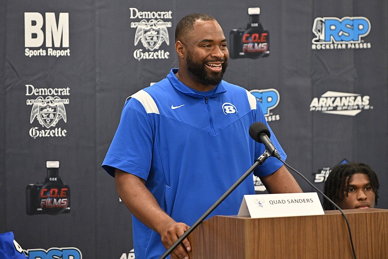 Bryant football Coach Quad Sanders speaks Wednesday during the inaugural Big Miller football media days at First Community Bank in Little Rock.
(Arkansas Democrat-Gazette/Staci Vandagriff)