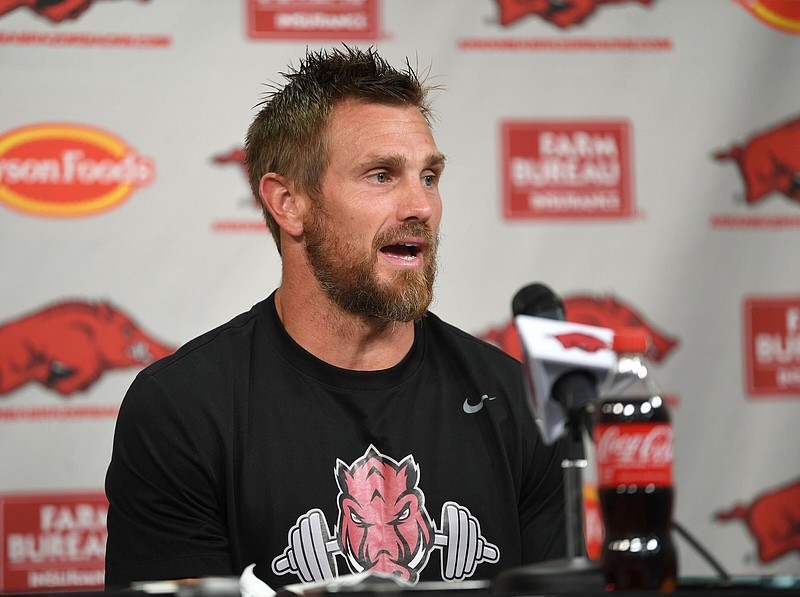 University of Arkansas strength and conditioning coach Ben Sowders and his staff were touted by Coach Sam Pittman on Tuesday. “It’s went fantastic,” Pittman said when asked about the summer cycle. “The strongest team we’ve had by far. Leanest team we’ve had by far. I feel like Ben has made this the toughest summer that we’ve had.”
(NWA Democrat-Gazette/Andy Shupe)