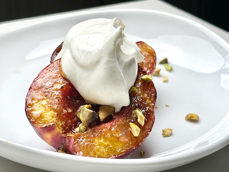 Caramelized Nectarines with vanilla-scented whipped plant cream. (Arkansas Democrat-Gazette/Kelly Brant)