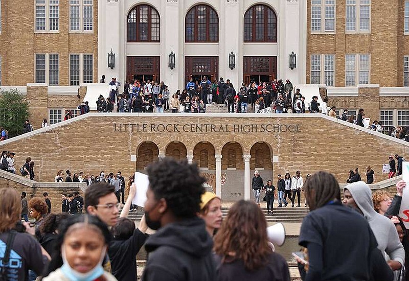 Members of the student body at Little Rock Central High School walk out in protest of the omnibus education bill supported by Gov. Sarah Huckabee Sanders on Friday, March 3, 2023. (Arkansas Democrat-Gazette/Colin Murphey)