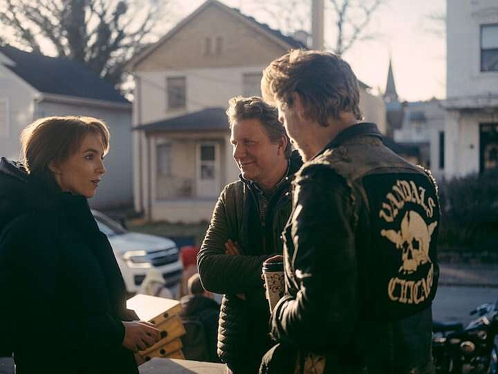 Jodie Comer (from left,) director Jeff Nichols and Austin Butler on the set of "The Bikeriders." 
(Special to the Democrat-Gazette/20th Century Studios)