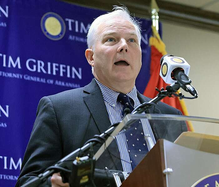 Arkansas Attorney General Tim Griffin speaks at a press conference June 25, 2024, in downtown Little Rock. (Arkansas Democrat-Gazette/Colin Murphey)