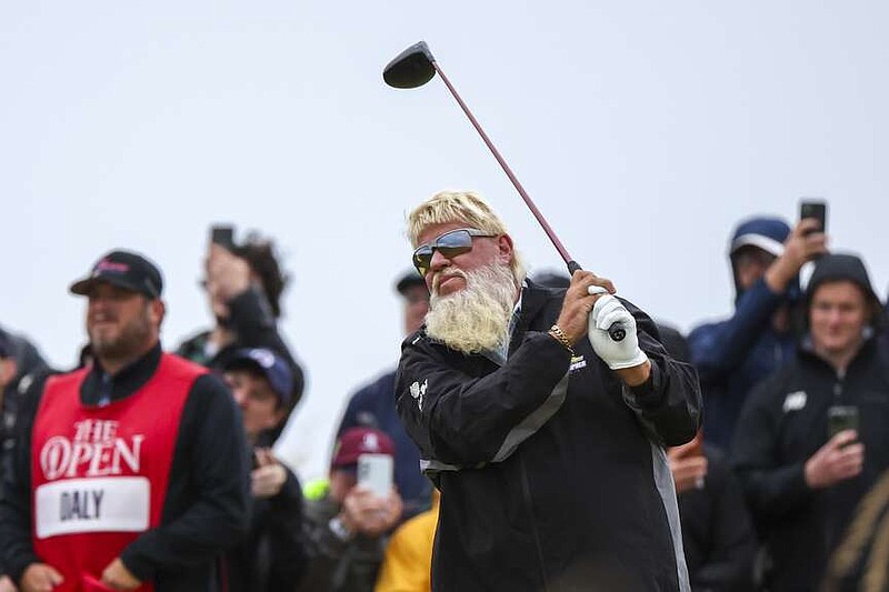 John Daly hits off the sixth tee during his opening round of the British Open Golf Championships at Royal Troon golf club in Troon, Scotland, Thursday, July 18, 2024. (AP Photo/Scott Heppell)