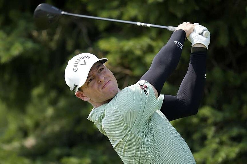 Max Greyserman hits off the tee on the second hole during the final round of the 3M Open golf tournament at the Tournament Players Club, Sunday, July 28, 2024, in Blaine, Minn. (AP Photo/Charlie Neibergall)