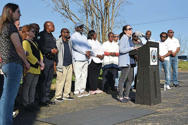 Little Rock City Director Capi Peck of Ward 4, seen here at the podium during a March 30, 2024 event to mark the one-year anniversary of the tornado that hit the city, will seek reelection. (Arkansas Democrat-Gazette/Staci Vandagriff)