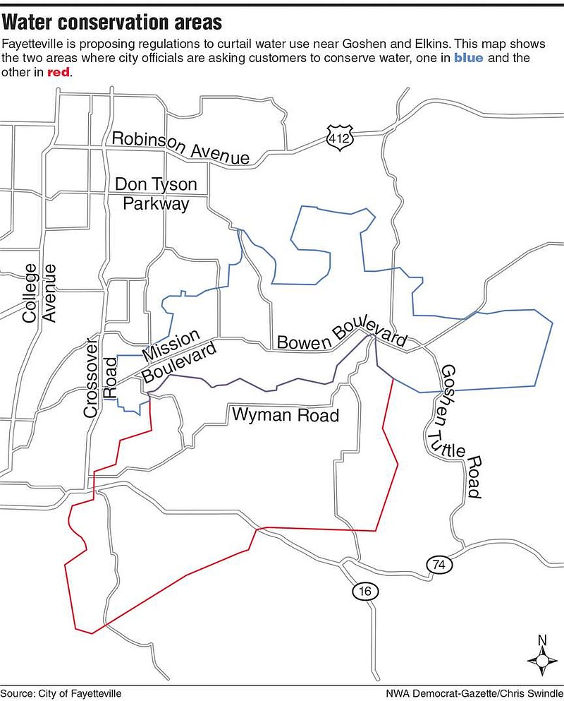 A map shows the areas in and around Goshen and Elkins near Fayetteville that are under a water conservation advisory. Fayetteville is considering broadening its power to curtail water use in the affected areas. 
(NWA Democrat-Gazette/Chris Swindle)