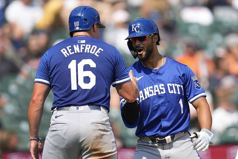 Kansas City Royals' MJ Melendez (1) celebrates his three-run home run with Hunter Renfroe (16) against the Detroit Tigers in the ninth inning of a baseball game, Sunday, Aug. 4, 2024, in Detroit. (AP Photo/Paul Sancya)