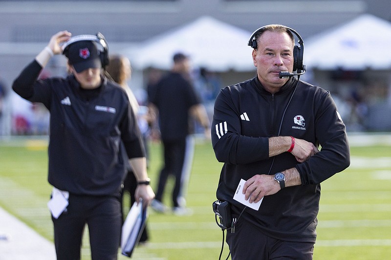 Arkansas State Coach Butch Jones walks the sideline during the second half of the Camellia Bowl on Dec. 23, 2023, in Montgomery, Ala. The Red Wolves head into their fourth season with Jones as coach with eight preseason All-Sun Belt players.
(Special to the Democrat-Gazette/Laura Chramer)