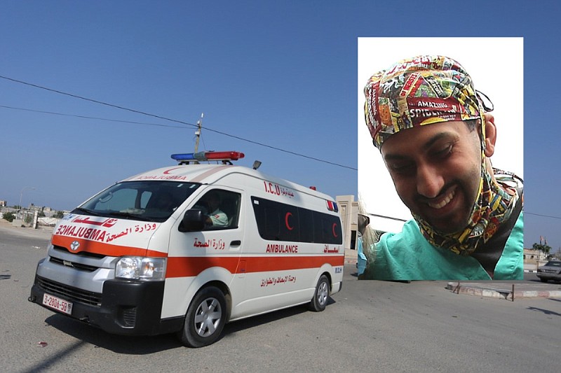 In the main photo, a Palestinian ambulance carries people wounded in the Israeli bombing of the Gaza Strip on Nov. 1, 2023. In the inset photo, Dr. Ahmad Yousaf smiles after a covid-19 patient was successfully released from Saline Memorial Hospital in Benton on May 13, 2020. (Main, AP/Hatem Ali; inset, Arkansas Democrat-Gazette/Thomas Metthe)