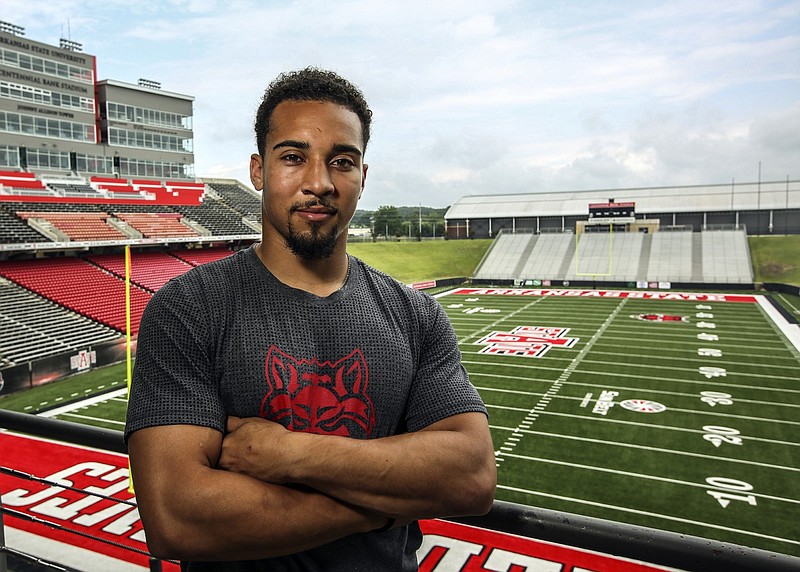 Blaise Taylor, then a cornerback for Arkansas State University, poses for a photo during Arkansas State Football Media Day at Centennial Bank Stadium in Jonesboro in this July 28, 2017 file photo. (Arkansas Democrat-Gazette file photo)