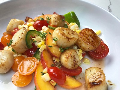 Seared Scallops Over Corn, Peaches and Tomatoes