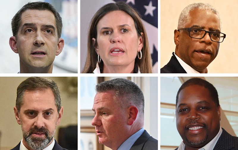 Arkansas political figures are shown in these undated file photos. They are (top row, from left) U.S. Sen. Tom Cotton, R-Ark.; Arkansas Gov. Sarah Huckabee Sanders; Joseph Wood, chairman of the Republican Party of Arkansas; (bottom row, from left) Arkansas Senate Minority Leader Greg Leding, D-Fayetteville; Marcus Jones, the Democratic candidate for the 2nd Congressional District; and Chris Jones, the Democrats' nominee for governor in 2022. (Top left, AP/Alex Brandon; bottom right, Arkansas Democrat-Gazette/Helaine R. Williams; all other photos, Arkansas Democrat-Gazette/Staci Vandagriff)