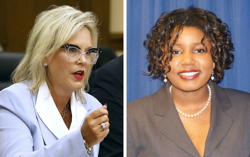 Wynne Mayor Jennifer Hobbs (left) and former Wynne resident Princella Smith are shown in these file photos from July 2024 and from 2010, respectively. At left, Hobbs answers questions during a Legislative Joint Auditing Committee meeting at the state Capitol in Little Rock. At right, Smith is shown in a campaign photo for her bid for the Republican nomination in Arkansas' 1st Congressional District. (Left, Arkansas Democrat-Gazette/Thomas Metthe; right, courtesy photo)