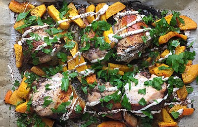 Sumac Chicken With Butternut Squash, Red Onion and Tahini-Yogurt Sauce