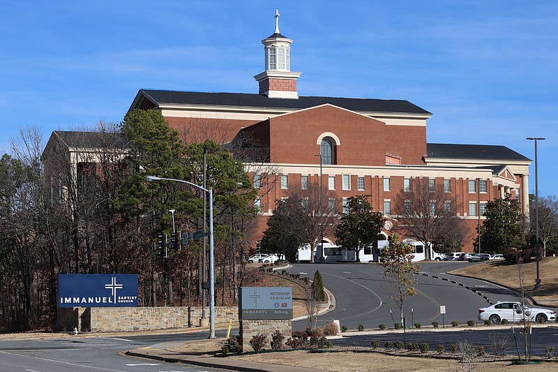 Immanuel Baptist Church, located at 501 N. Shackleford Rd. in Little Rock, looms over traffic and businesses near the intersection of Shackleford Rd. and I-630 on the city's west side on Tuesday, Dec. 19, 2023. (Arkansas Democrat-Gazette/Kyle McDaniel)