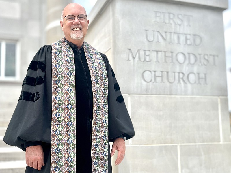 Michael Roberts, pastor of First United Methodist Church in Jonesboro, stands in front of the church after the 11 a.m. service on Sunday, July 21, 2024.