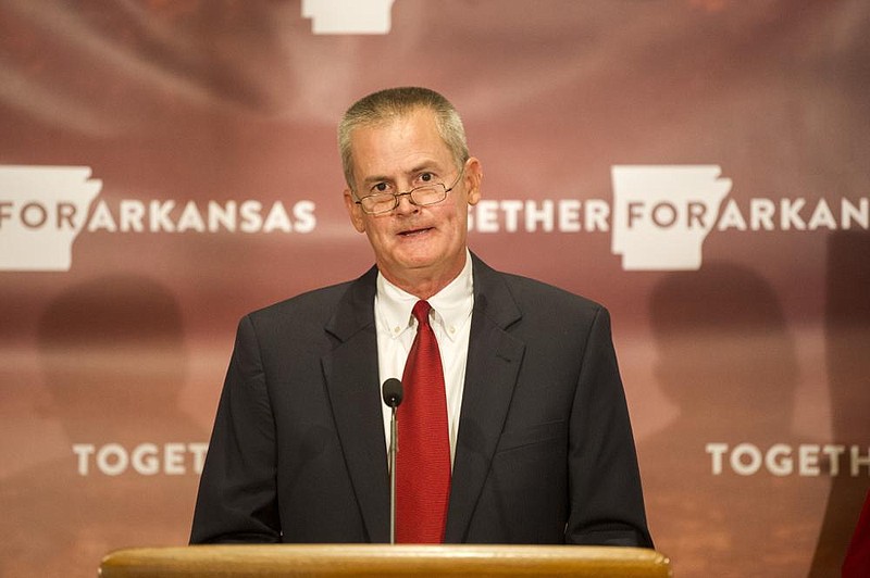 Lance Taylor, Executive Director of the Arkansas Athletics Association, addresses the media on Friday, July 31, 2020. (Arkansas Democrat-Gazette / Stephen Swofford)