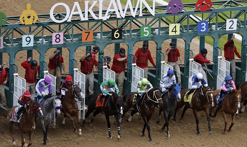 Horses take off from the starting gate in the second race during Arkansas Derby Day at Oaklawn Racing Casino Resort in Hot Springs on Saturday, March 30, 2024. (Arkansas Democrat-Gazette/Thomas Metthe)