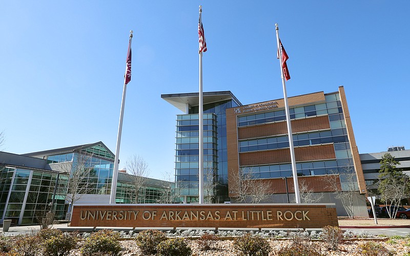 FILE -- The primary entrance to the University of Arkansas at Little Rock campus is shown in this Tuesday, Feb. 13, 2024, file photo. The UALR entrance is located on Campus Drive between the Donaghey Student Center and the Charles W. Donaldson Student Services Center. (Arkansas Democrat-Gazette/Kyle McDaniel)