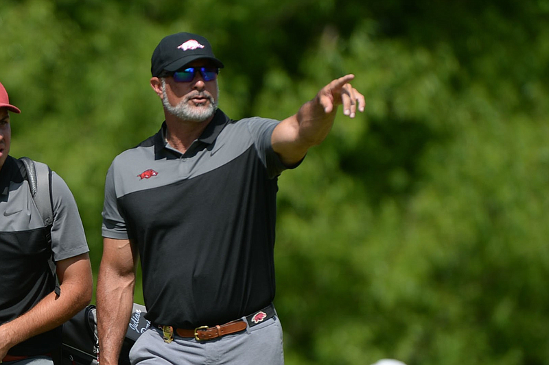 Arkansas men's golf coach Brad McMakin (right) is shown, Friday, May 24, 2019, on the fifth tee box during the first day of play in the Men's NCAA Golf Championships at Blessings Golf Club in Johnson. (Andy Shupe/NWA Democrat-Gazette)