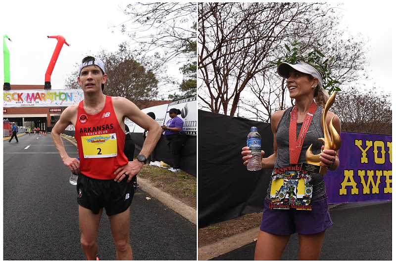 First place winners Cameron Beckett (right) and Beth Dollas stand after finishing the 2022 Little Rock Marathon on Sunday. (Arkansas Democrat-Gazette/Staci Vandagriff)