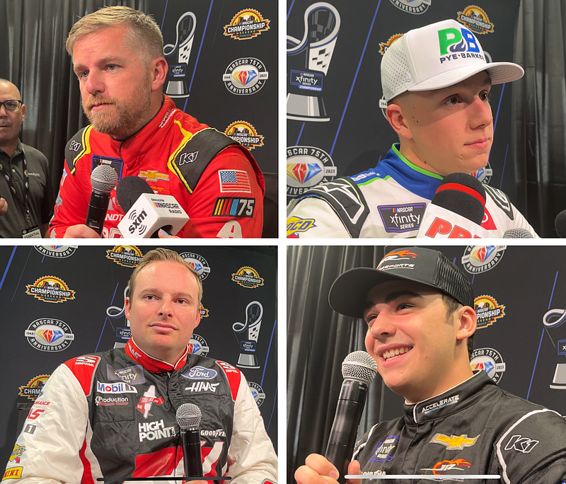 Justin Allgaier (clockwise, from top left), John Hunter Nemechek, Sam Mayer and Cole Custer talk to the media at Phoenix Raceway during Media Day on Nov. 2. (Arkansas Democrat-Gazette/Jared Haas)